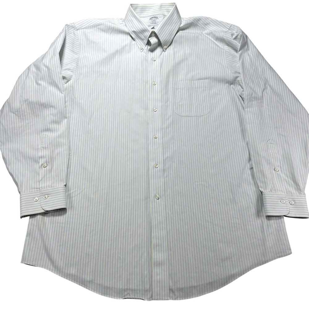 Brooks Brothers Dress Shirt Mens 17.5 4/5 Blue Stripe Regent Fit Non Iron